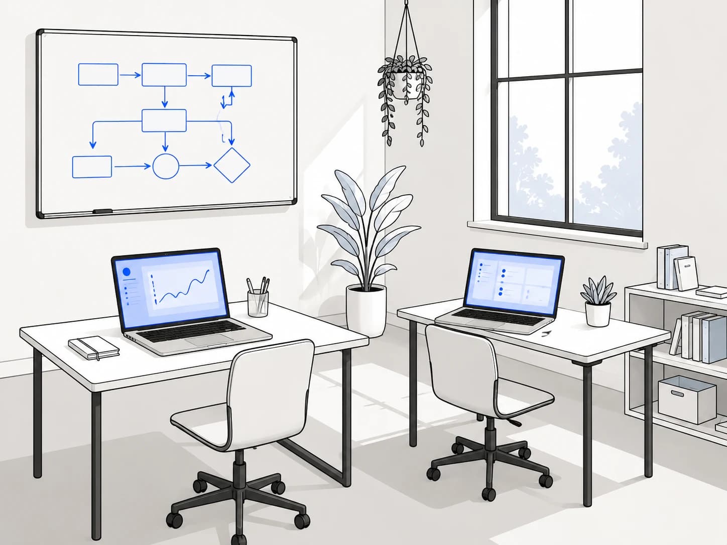Illustration of a small studio: two desks with laptops, a whiteboard carrying a flow diagram, a window and plants.