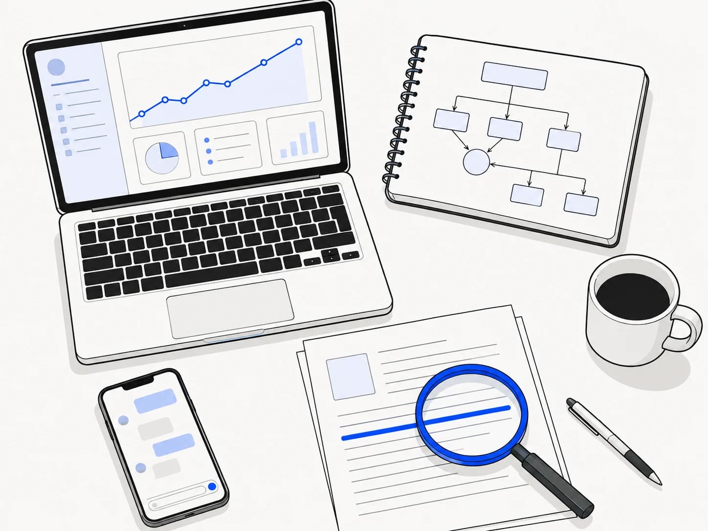 A desk seen from above: a laptop showing a dashboard, a notebook with a hand-drawn flow diagram, a phone with a chat thread, and a magnifier over one marked line of a printed report.