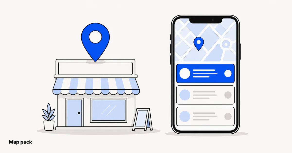 A small shop front with a map pin above its roof, beside a phone showing three ranked local search results with the top one highlighted.