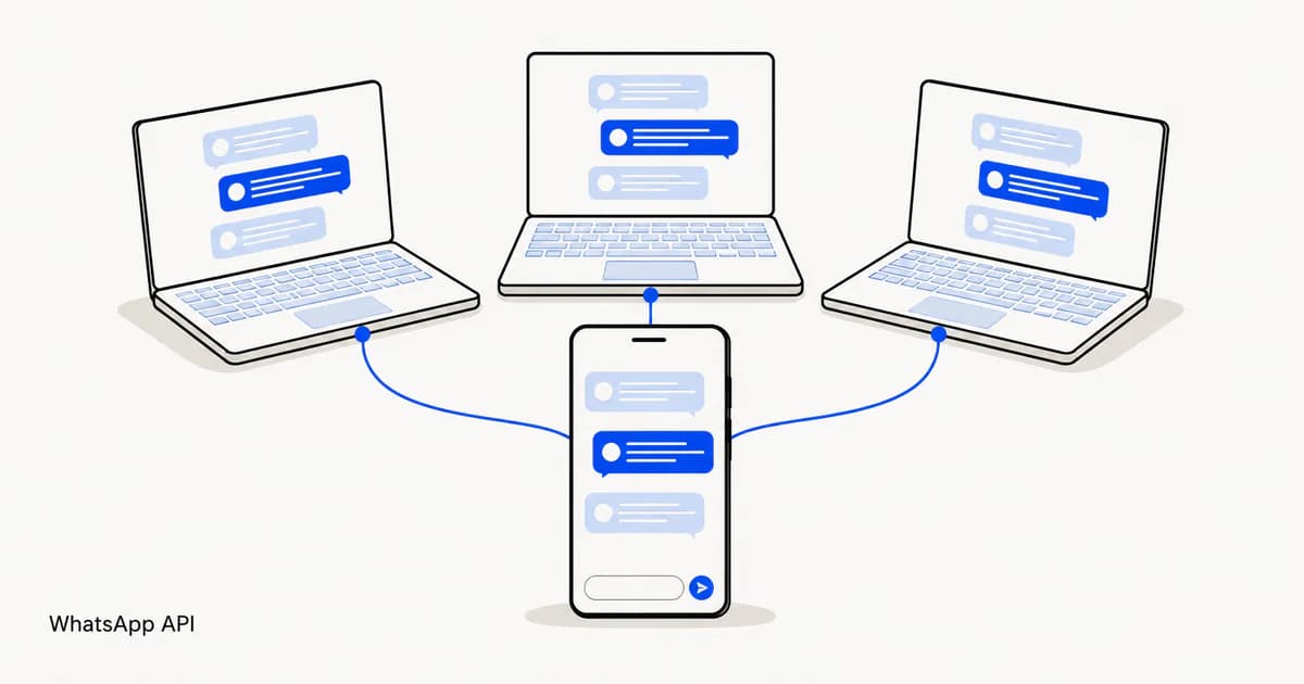 One phone showing a WhatsApp conversation, connected by lines to three laptops showing the same thread — one number answered by a whole team.
